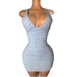Zara Light Blue Polka Dot Backless Bodycon Dress